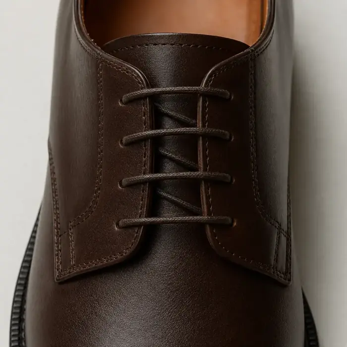 Extreme close-up of the lacing of a dark brown leather derby shoe seen from above.