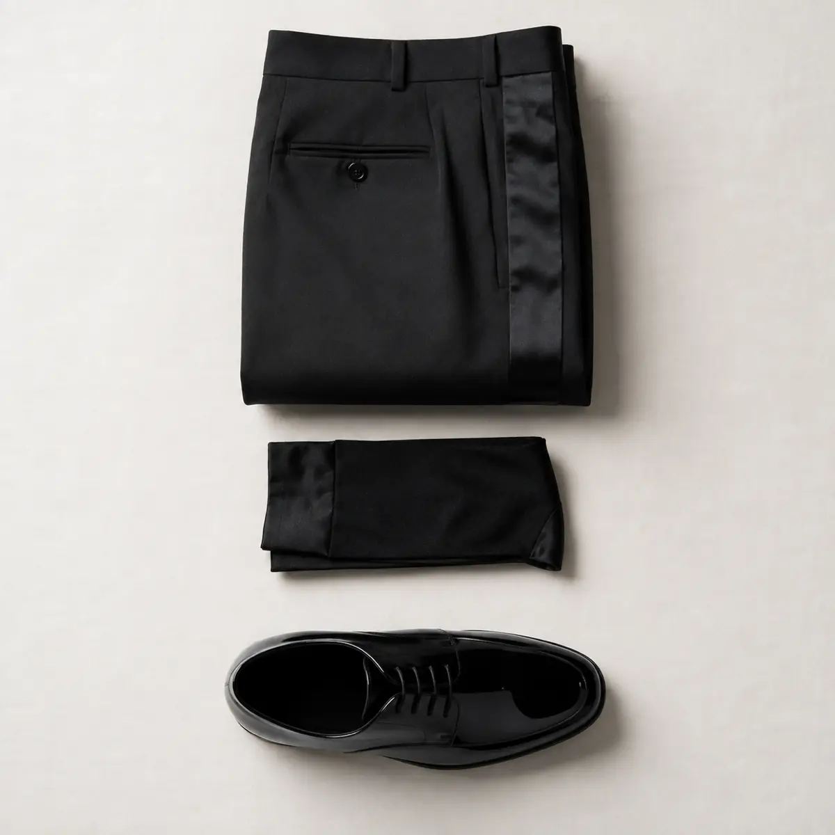 Folded black formal trousers with a satin side stripe, folded fine black silk socks and a black patent shoe in a tight vertical column.