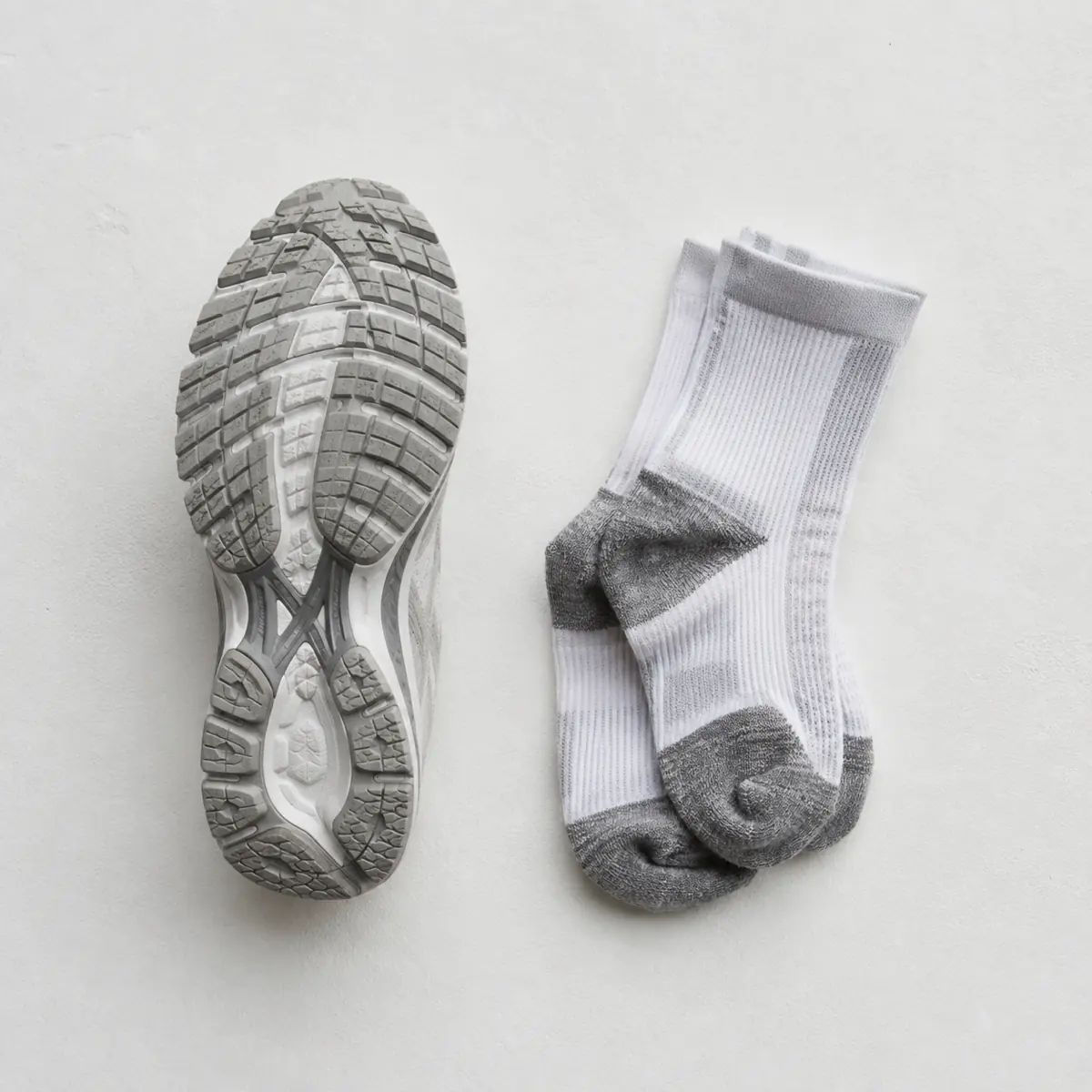 Folded technical running socks in white and grey beside a running shoe sole seen from above on chalk paper.