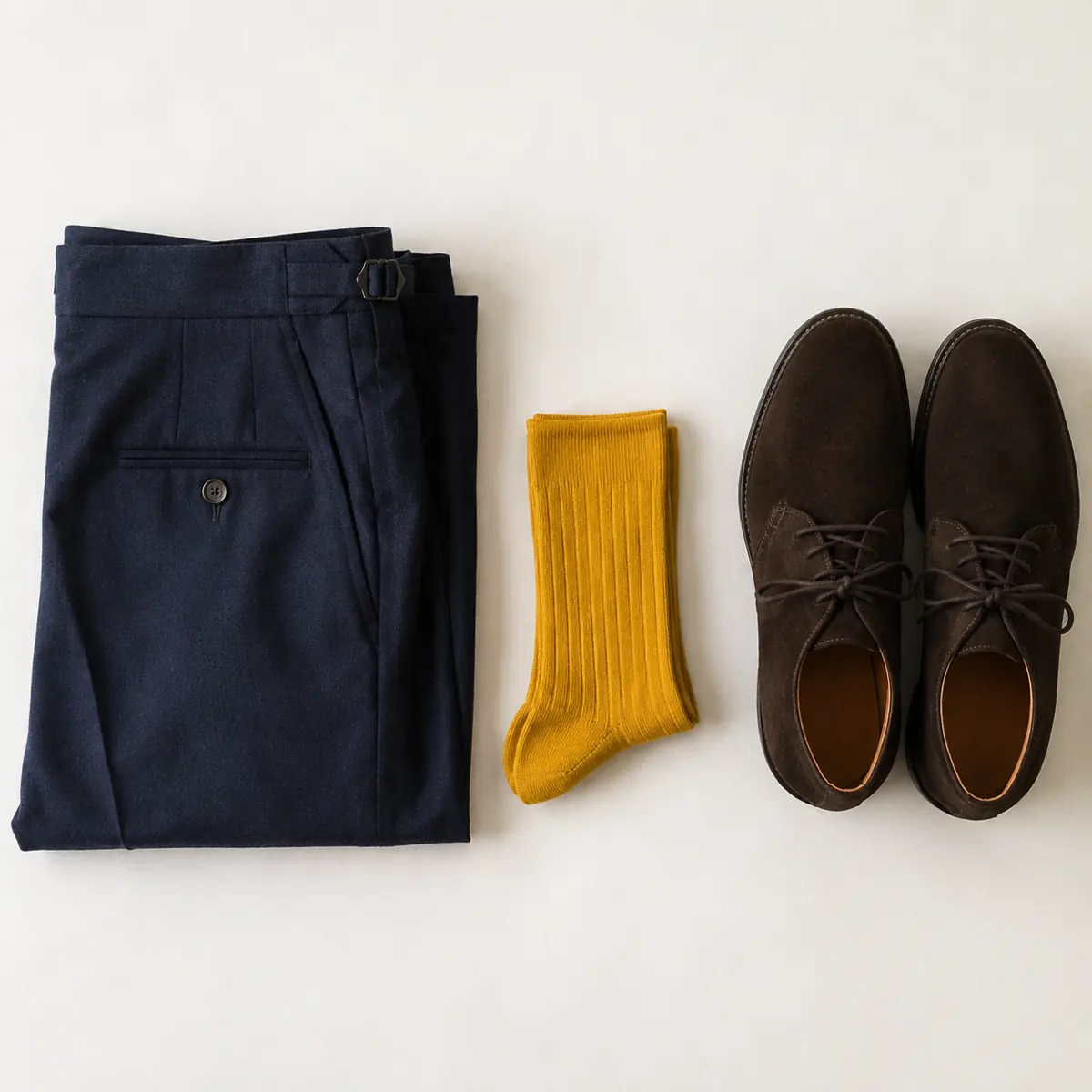 Folded navy trousers and dark brown shoes with a folded pair of vivid mustard yellow socks placed between them in a vertical column.