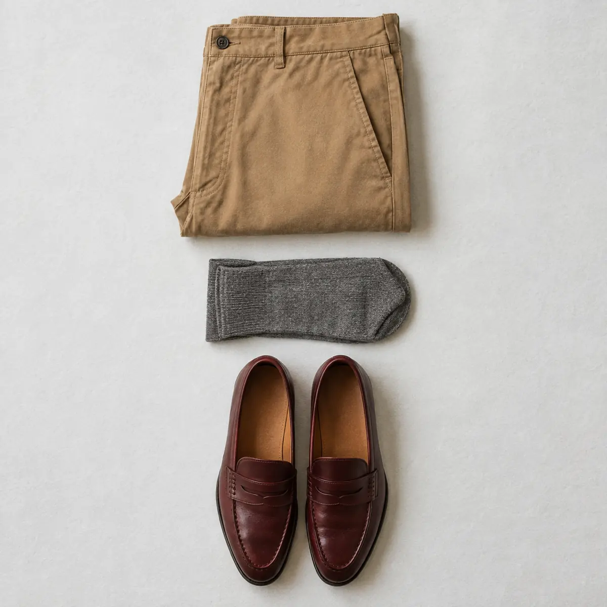 Folded camel cotton chinos, folded mid grey merino socks and a pair of oxblood leather loafers laid in a vertical column.