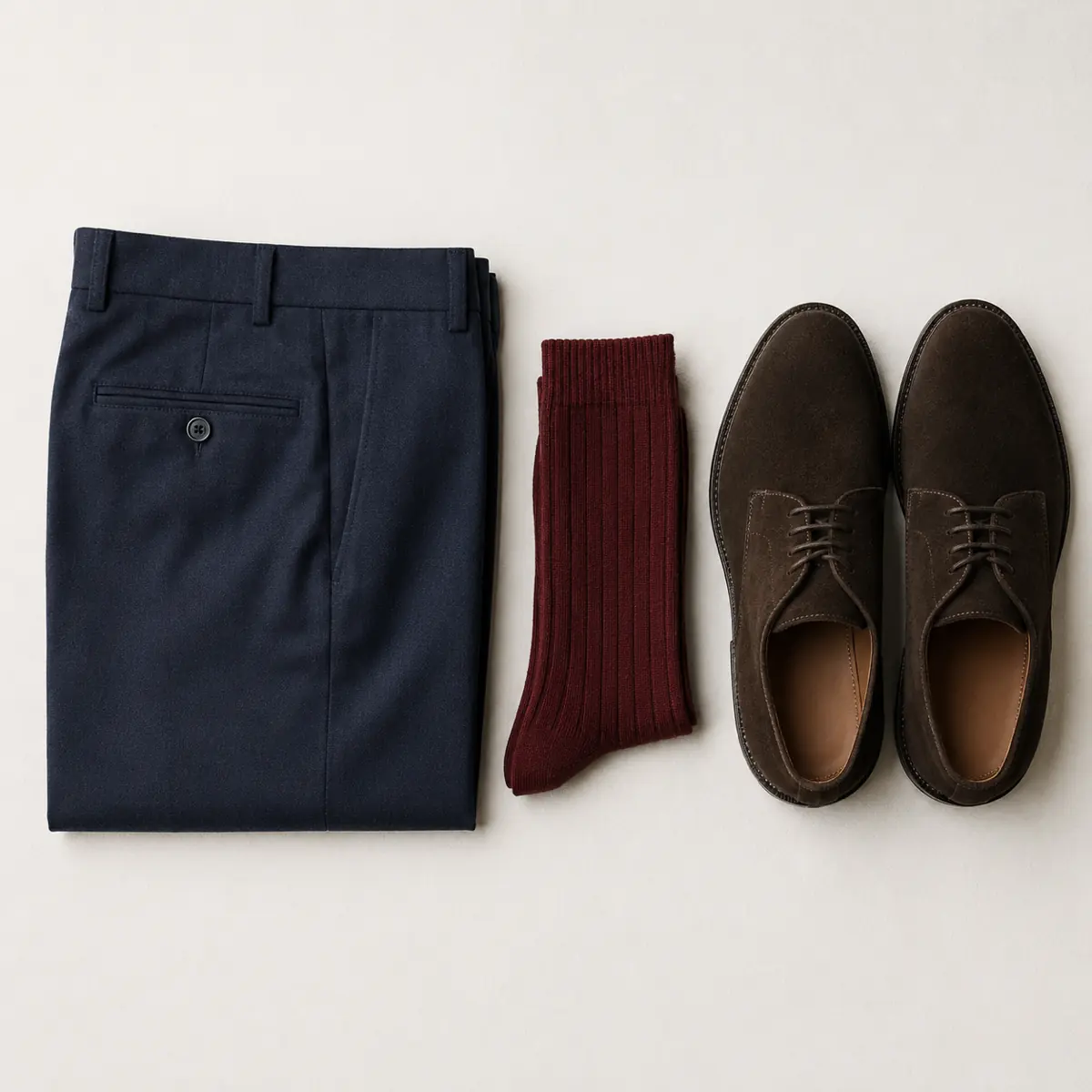 Folded navy trousers beside folded oxblood socks and a pair of dark brown suede shoes, laid in a vertical column.