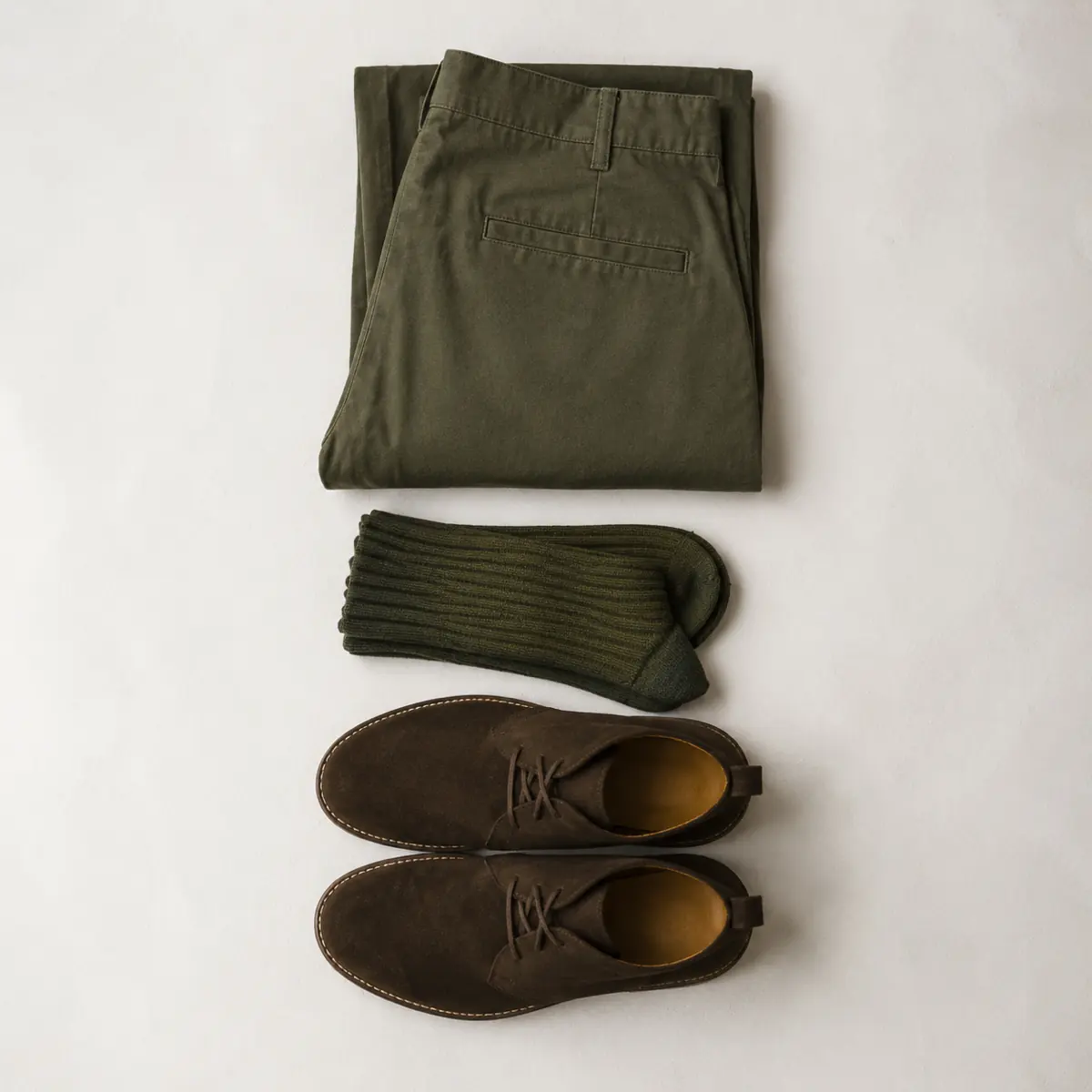 Folded olive cotton trousers, folded olive ribbed socks and a pair of dark brown suede chukka shoes in a vertical column.