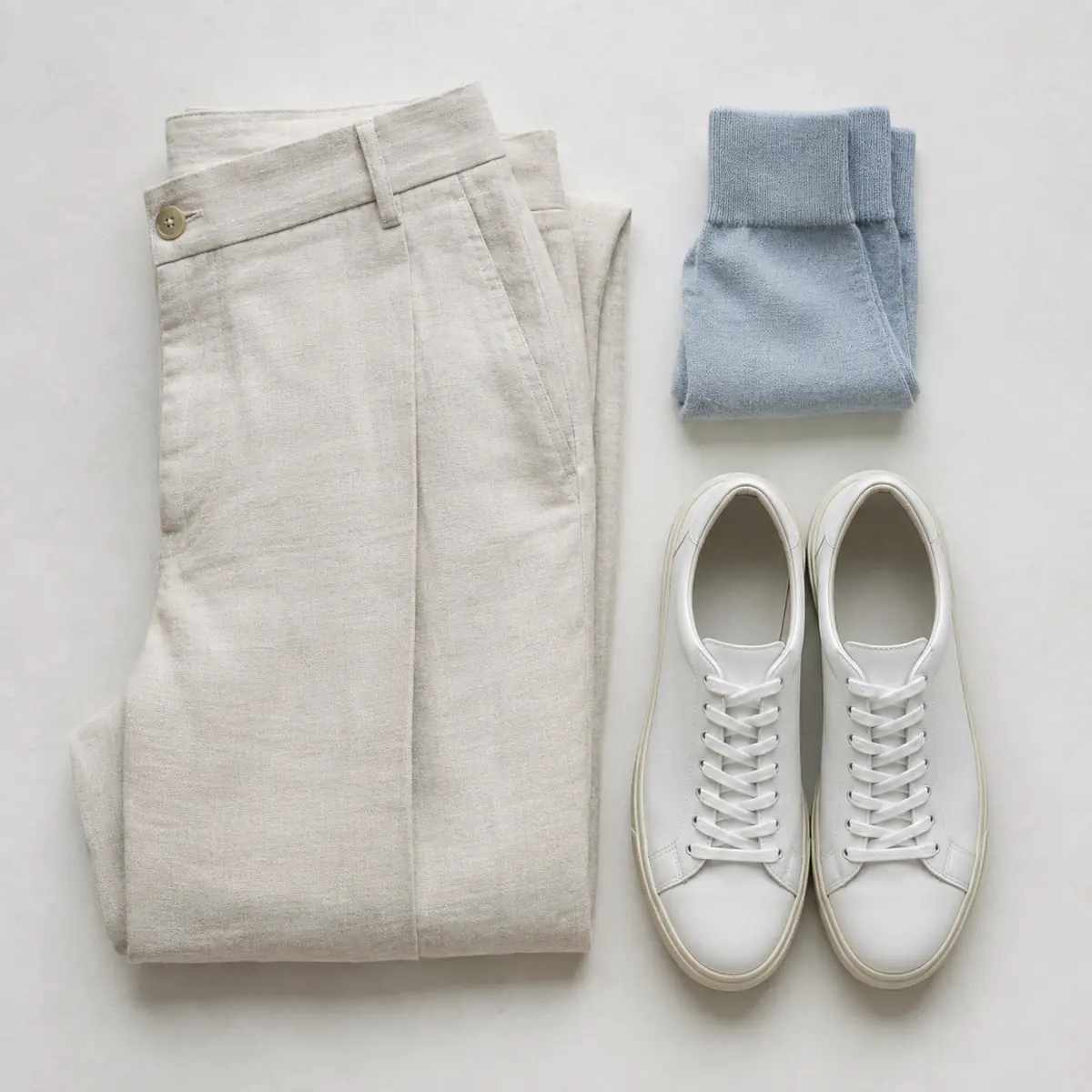 Folded cream linen trousers with folded pale blue socks and a pair of white leather sneakers in a vertical column.