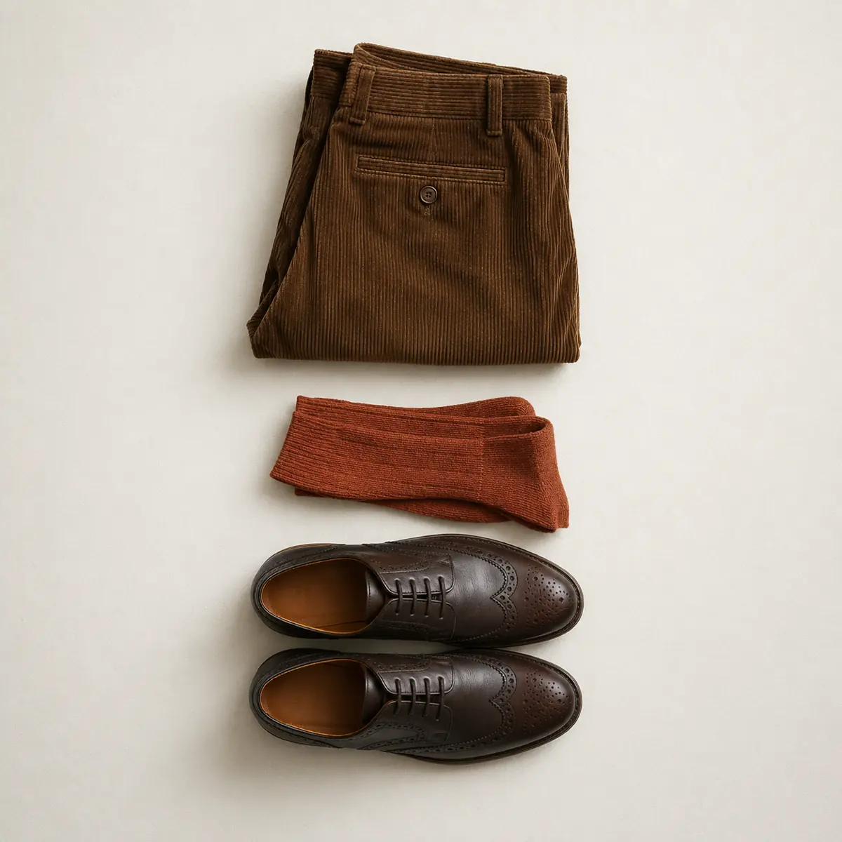 Folded brown corduroy trousers, folded rust coloured socks and a pair of dark brown brogues in a vertical column.
