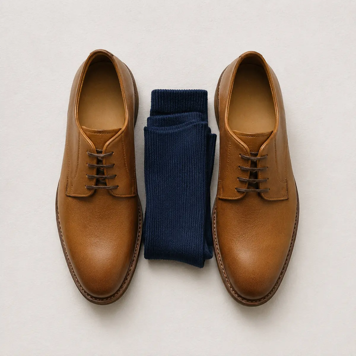 A pair of tan leather derby shoes seen from directly above with a folded pair of navy socks tucked between them.