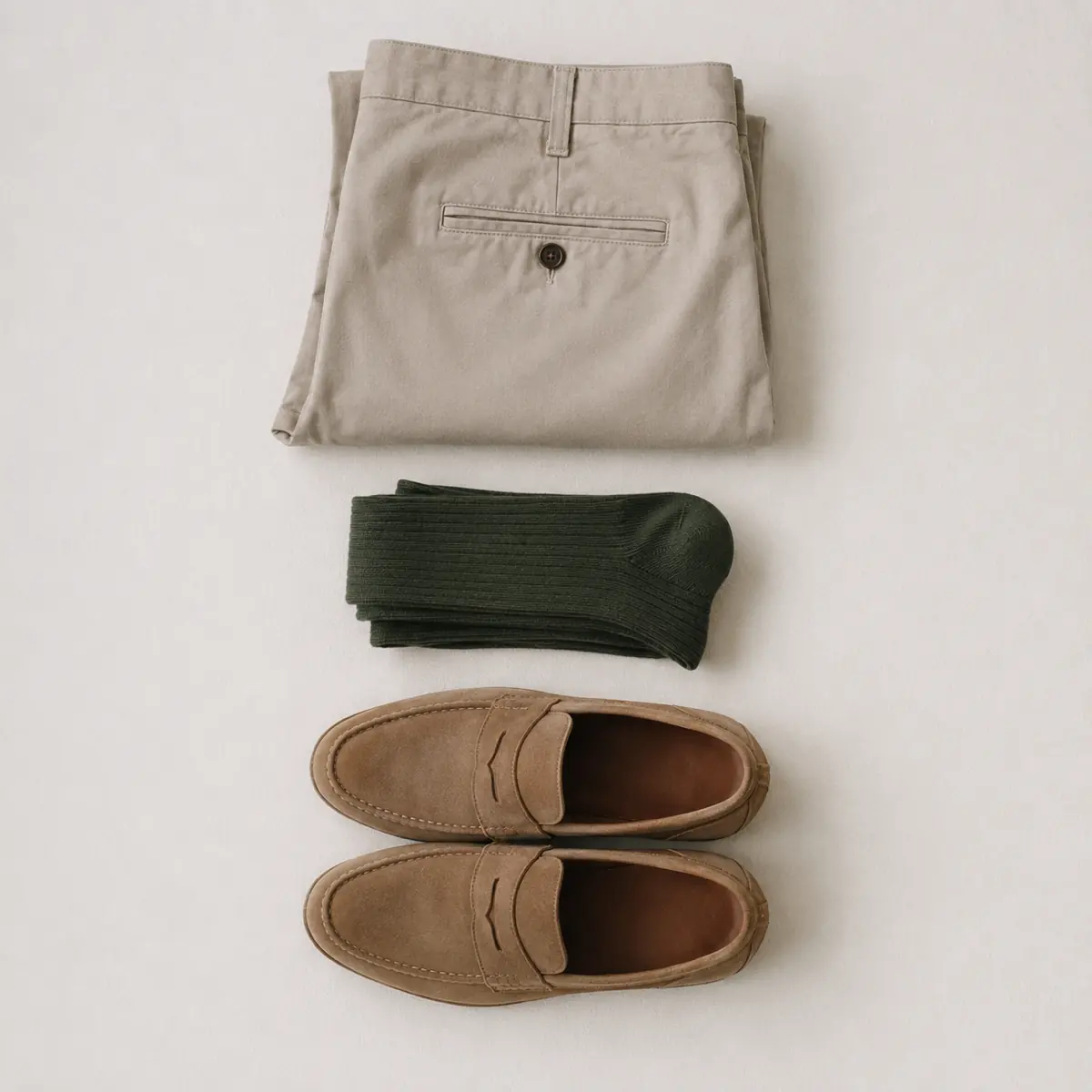 Folded stone chinos, folded forest green socks and a pair of tan suede loafers arranged in a vertical column.