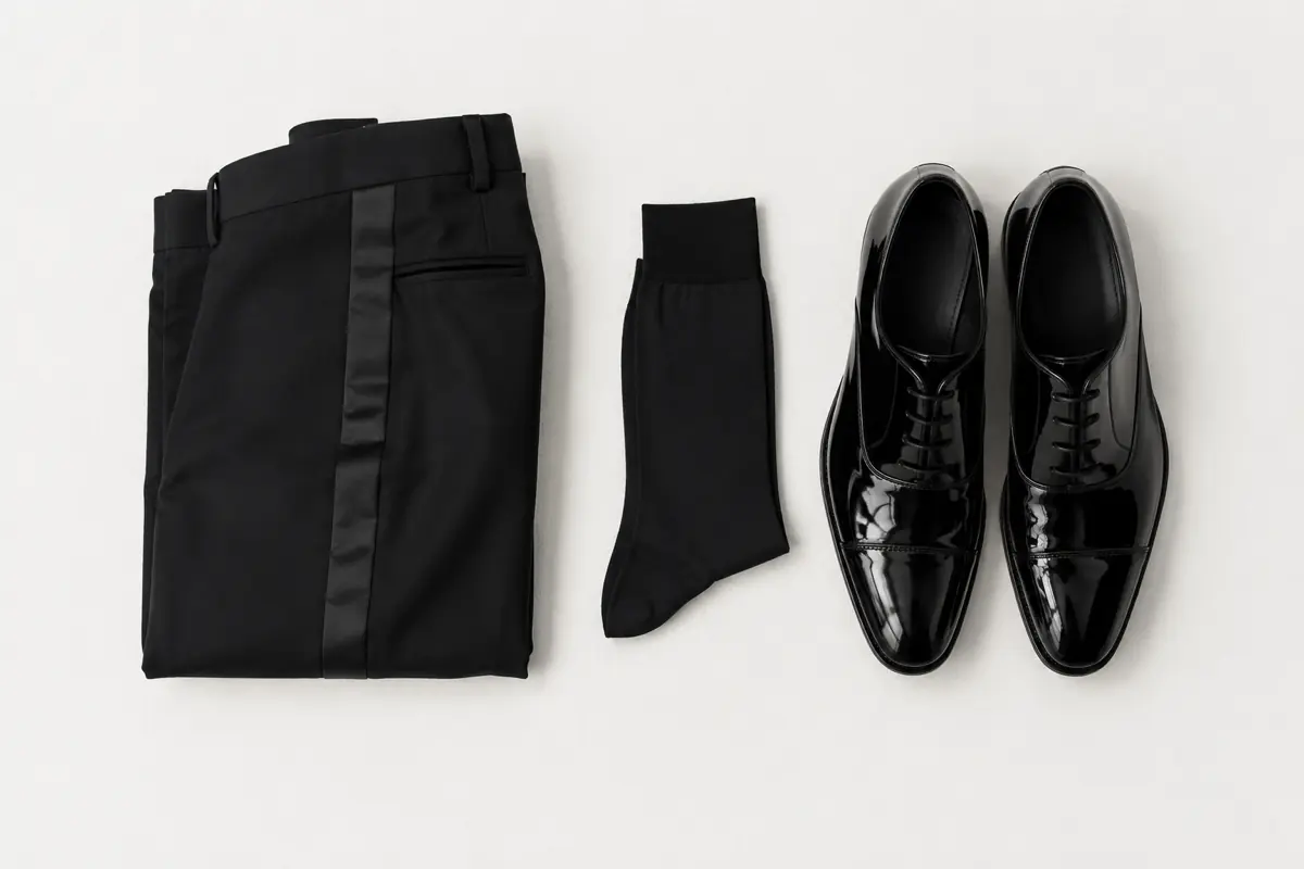 Folded black formal dress trousers with a satin side stripe, fine plain black silk socks and a pair of black patent leather shoes in a tight vertical column.
