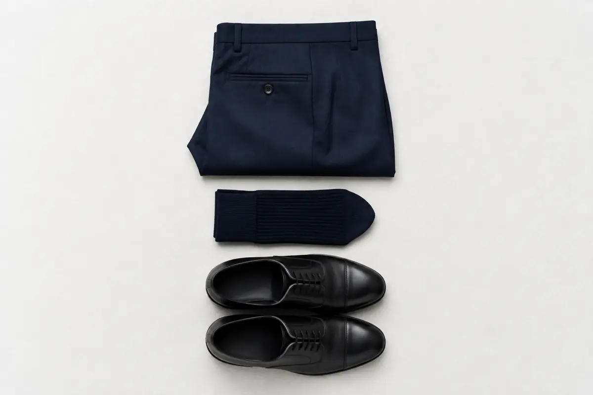 Folded navy worsted suit trousers, folded fine navy dress socks and a pair of black leather oxford shoes laid in a vertical column.