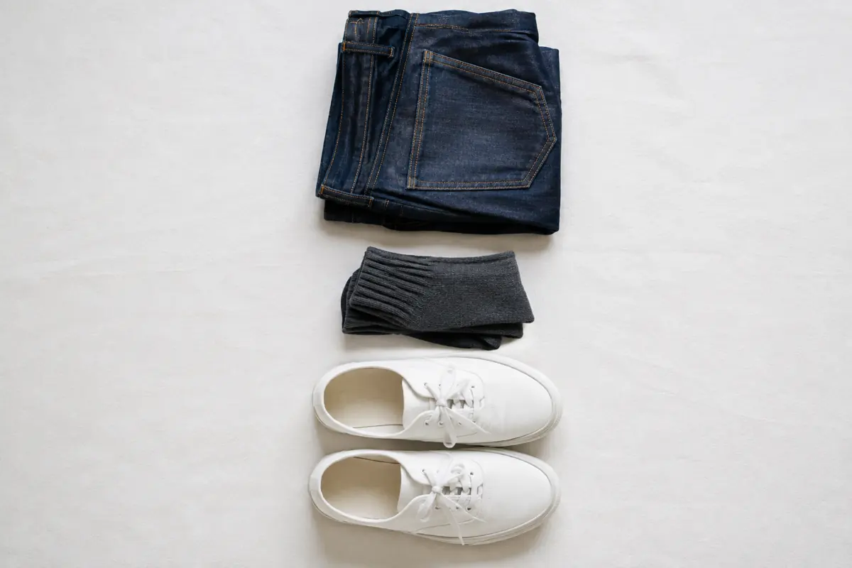 Folded indigo denim jeans, folded charcoal cotton socks and a pair of white canvas plimsolls laid in a vertical column.