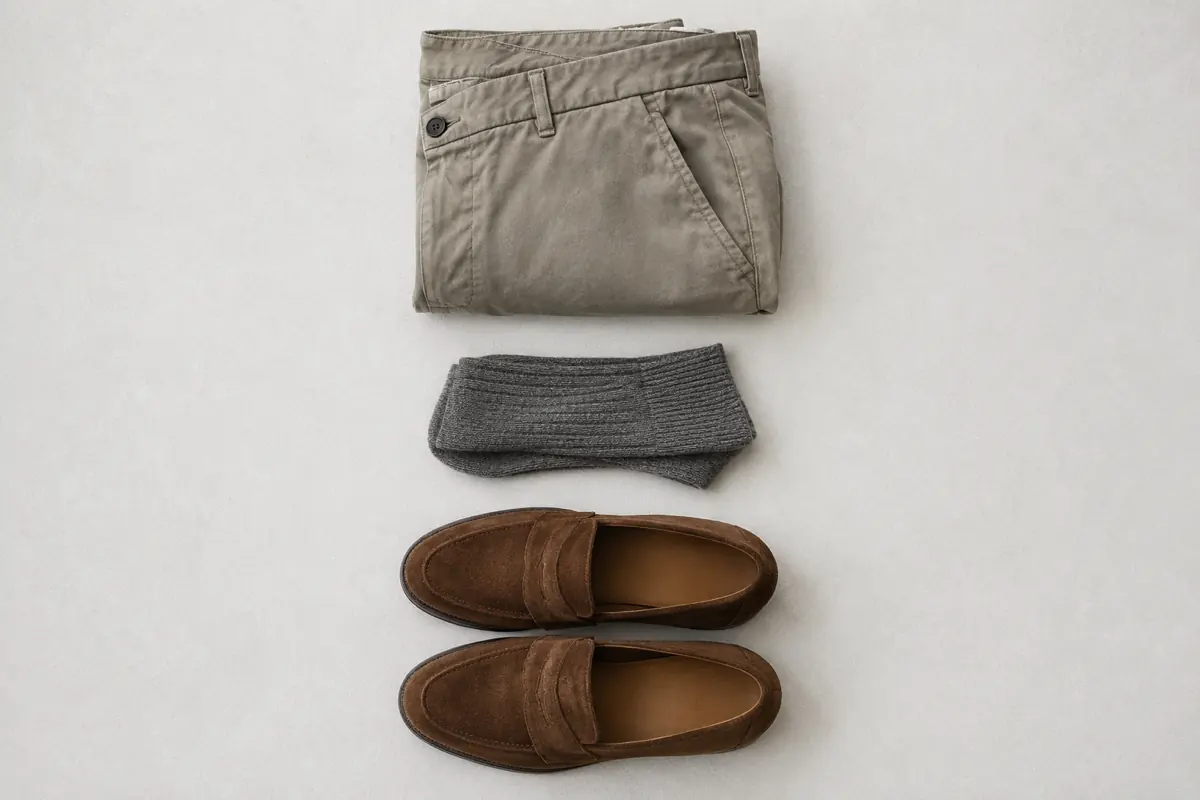 Folded stone cotton chinos, folded mid grey merino socks and a pair of brown suede loafers laid in a vertical column.