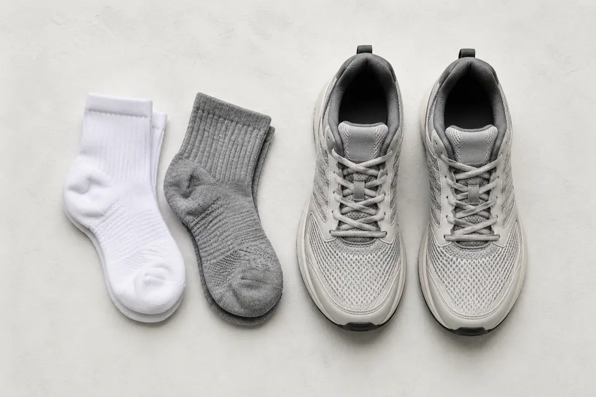 Folded technical athletic socks in white and grey beside a pair of running shoes seen from above on chalk paper.