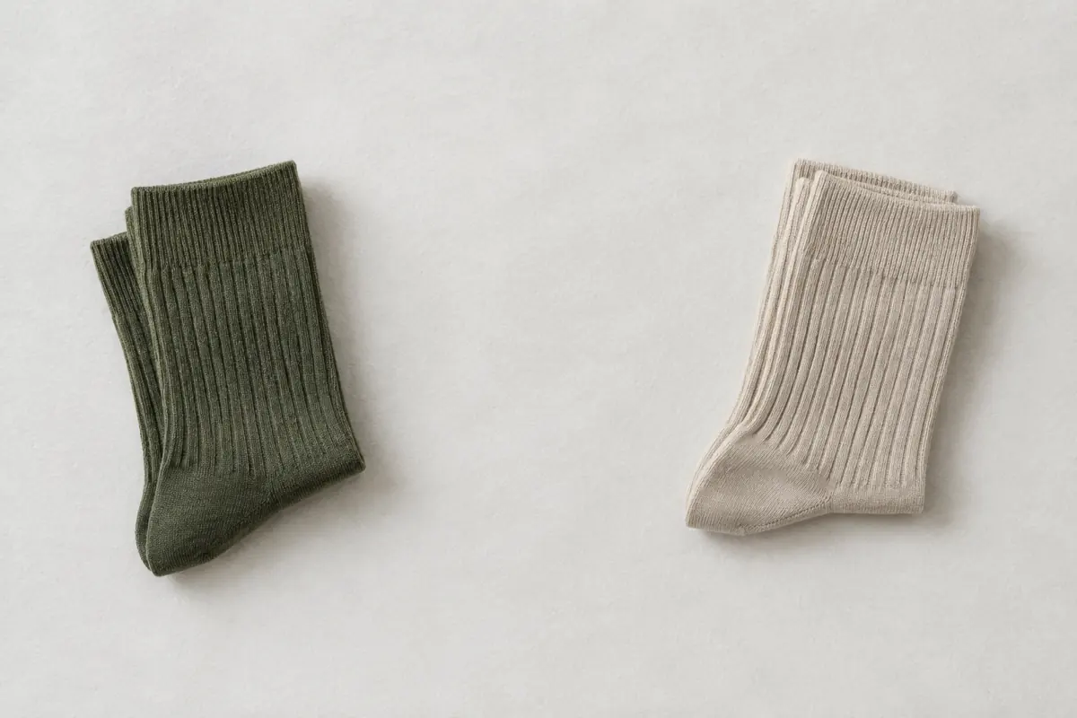 Two folded pairs of socks placed far apart on a wide sheet of chalk paper with a great deal of empty space between them.
