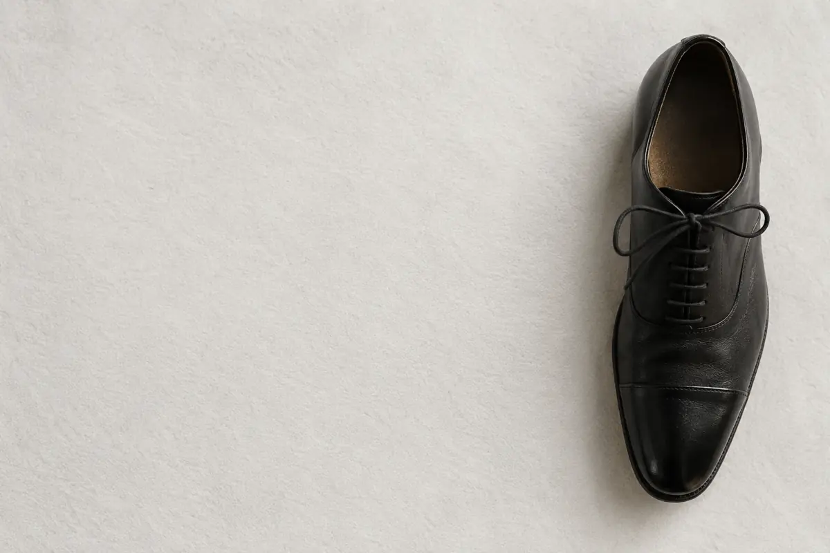 A single black leather oxford shoe placed alone at the right edge of a wide empty chalk paper sheet, seen from above.