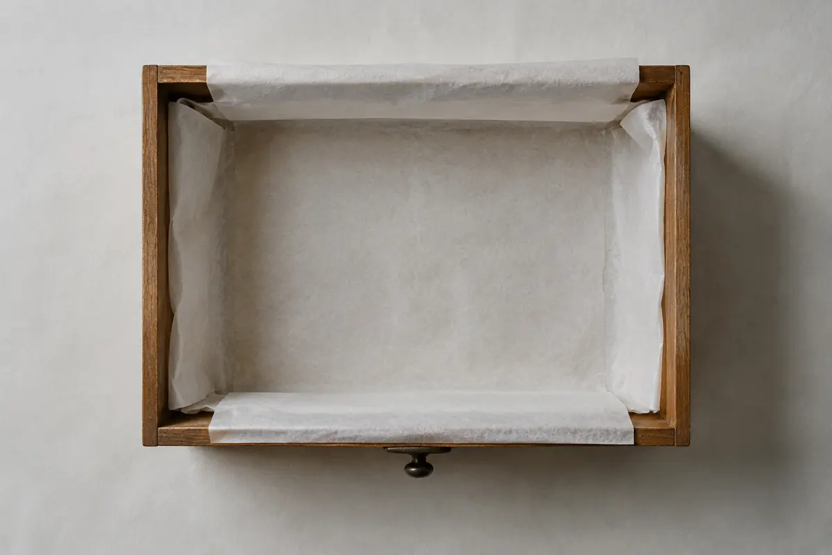 An empty wooden drawer lined with chalk tissue paper, seen from directly above, with nothing inside it.