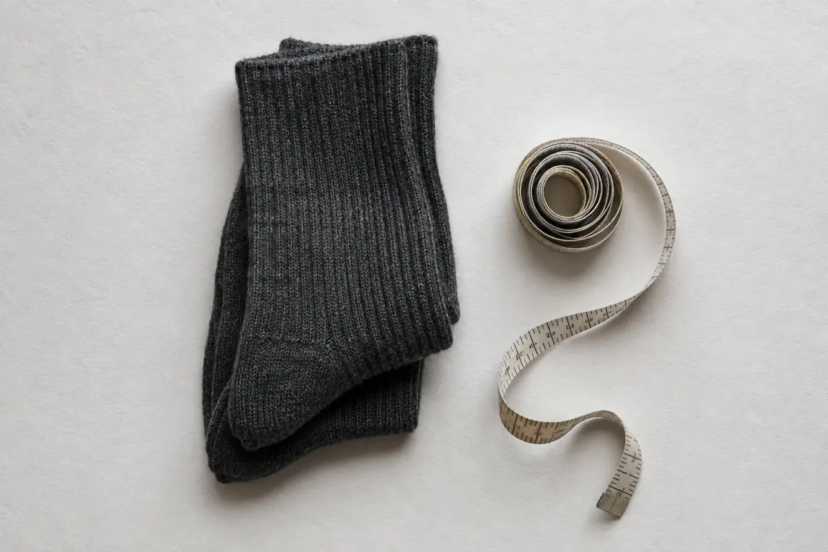 A folded pair of charcoal socks with a coiled tailor tape measure beside it on chalk paper, seen from above.