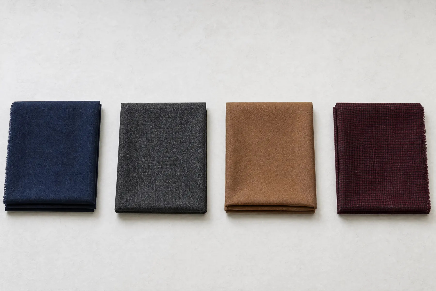 A long horizontal arrangement of folded menswear textiles in navy, charcoal, camel and oxblood, laid in a single row across a wide sheet of chalk paper.