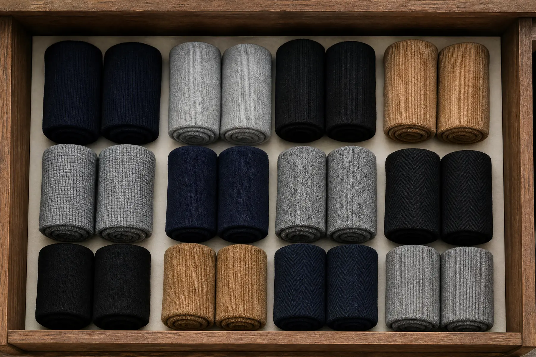 A wide overhead view of a wooden drawer lined with chalk paper, filled with tightly rolled socks in navy, grey, black and camel, arranged in neat rows.