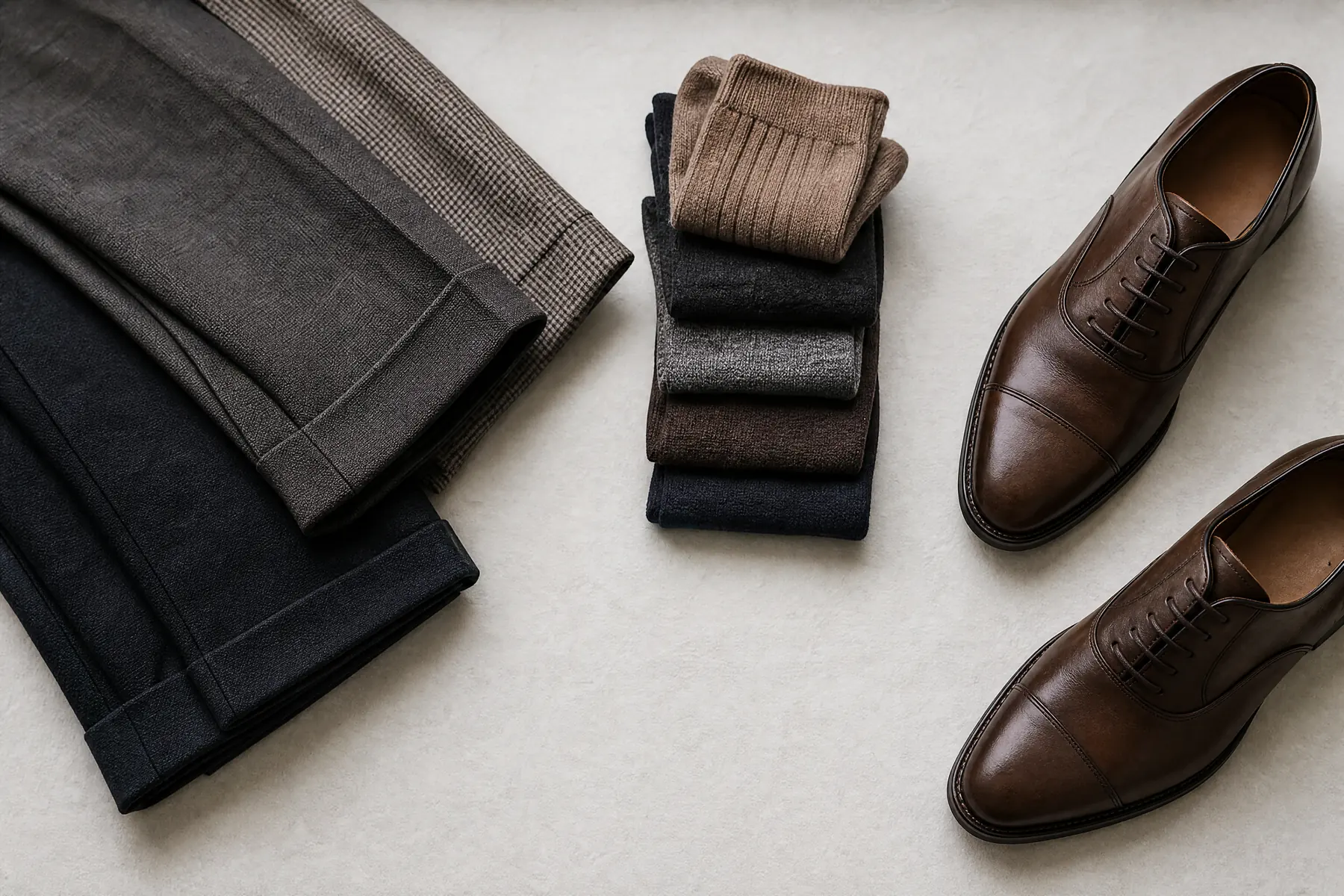 A wide overhead still life of a tailor bench with folded trouser hems, a stack of folded socks and two leather shoes placed apart on chalk paper.