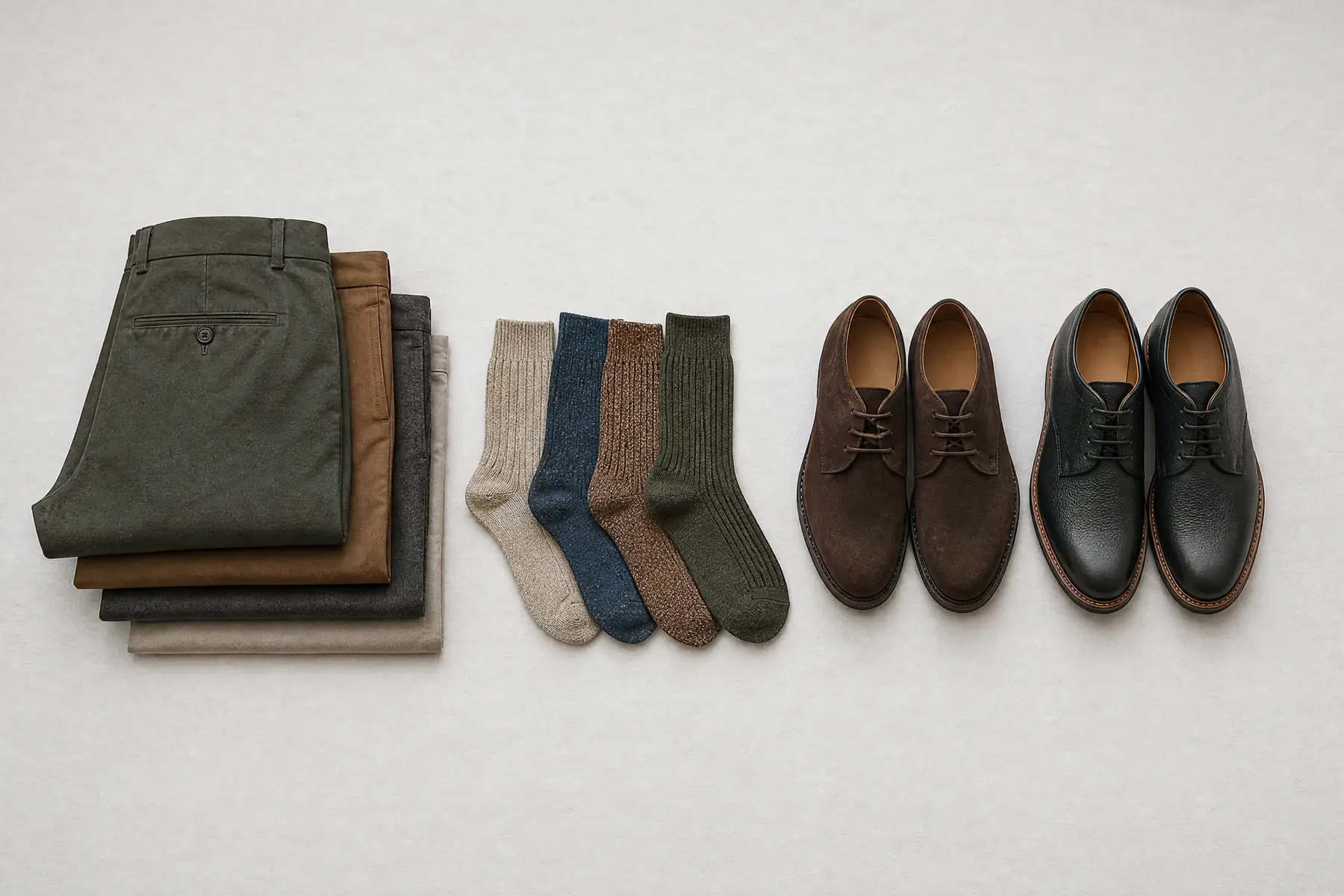 A wide overhead view of a shop counter with folded trousers stacked at the left, socks in the middle and two pairs of shoes at the right, evenly spaced on chalk paper.