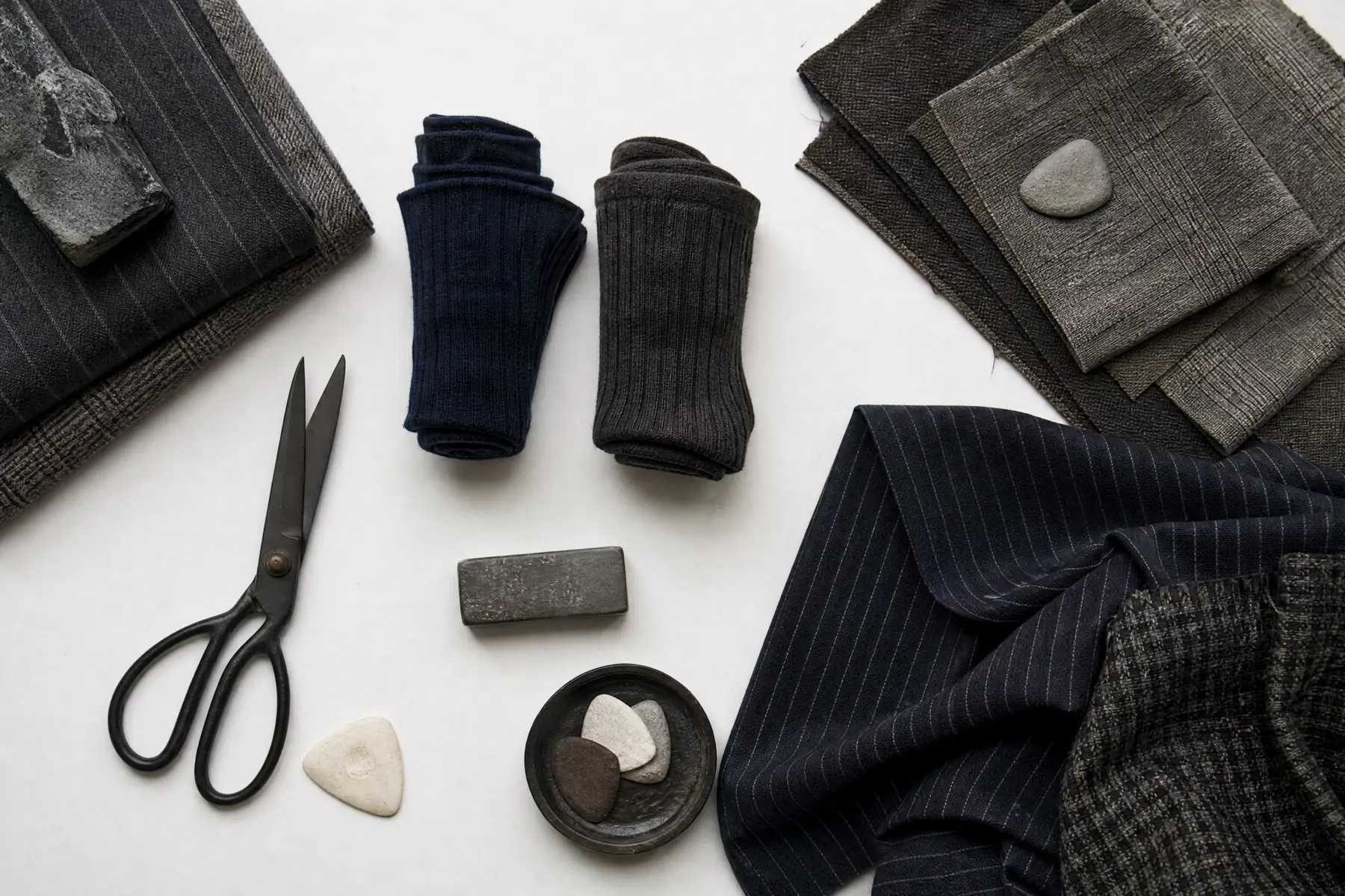 A wide overhead still life of a tailor bench with scissors, chalk, folded wool cloth and two rolled pairs of socks.