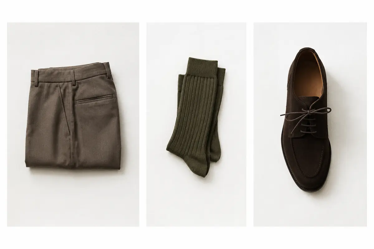 Three separate flat-lay frames on chalk paper: folded trousers, folded socks and a single shoe, each isolated with wide margins.
