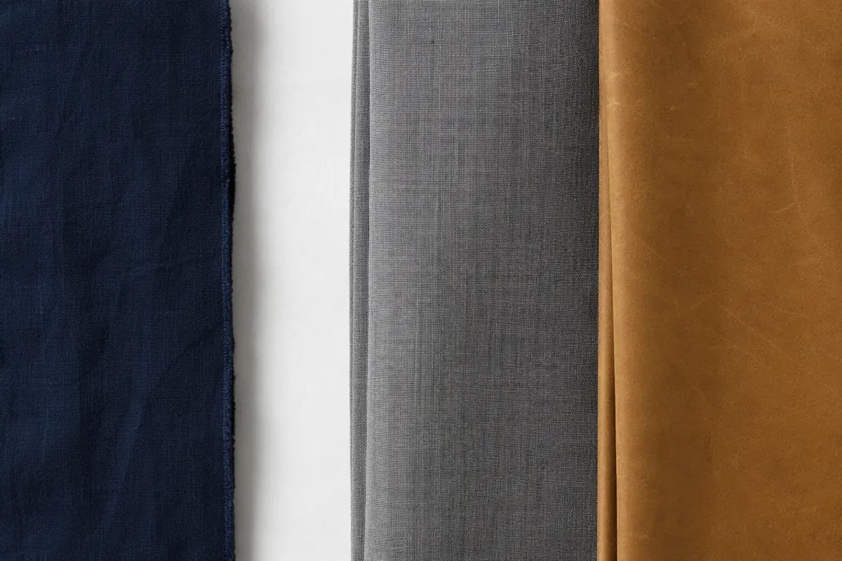 Three vertical strips of folded fabric laid parallel and touching: navy on the left, mid grey in the centre, tan leather on the right.