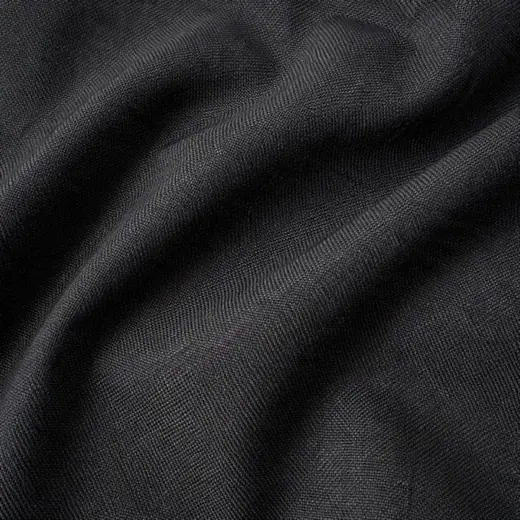 Extreme close-up of charcoal worsted wool suiting cloth weave.